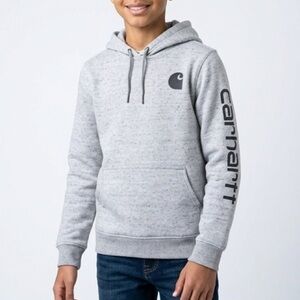 Carhartt Youth Hoodie M (8–10) Dark Grey Logo on Sleeve Fleece Lined - EUC